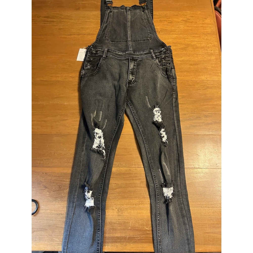 LONGBIDA Skinny Ripped Jeans Denim‎ Jumpsuit Overalls For Large, Black